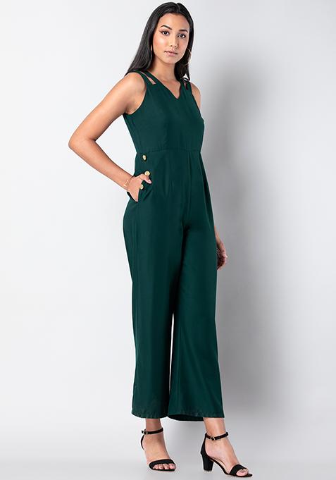 Buy Women Bottle Green Button Sides Jumpsuit - Honeymoon Dress Online ...