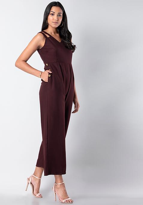 Wine Button Detail Jumpsuit 