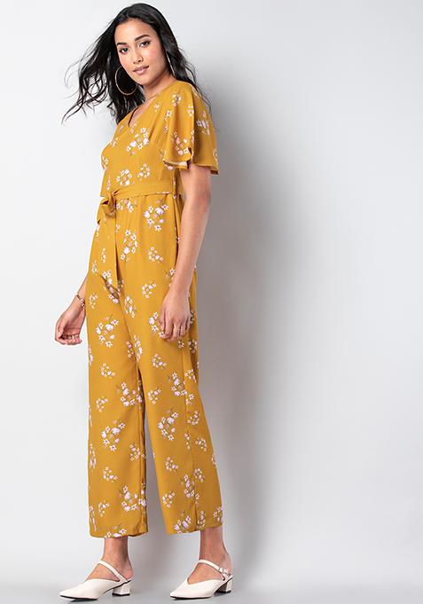 Mustard Floral Flared Sleeve Jumpsuit 