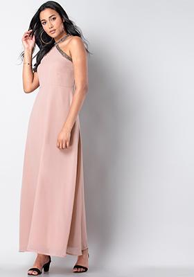 Blush Pink Embellished Halter Maxi Dress 