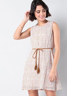 White Floral Shift Dress With Tan Belt