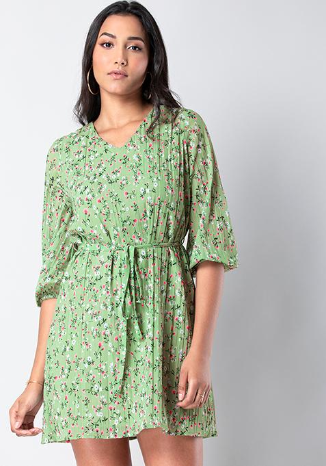 Mint Ditsy Floral Belted Shift Dress 