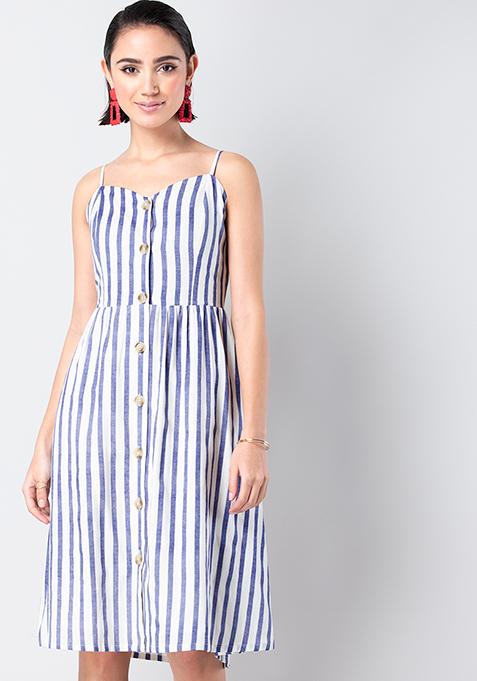 Navy Striped Strappy Midi Dress 