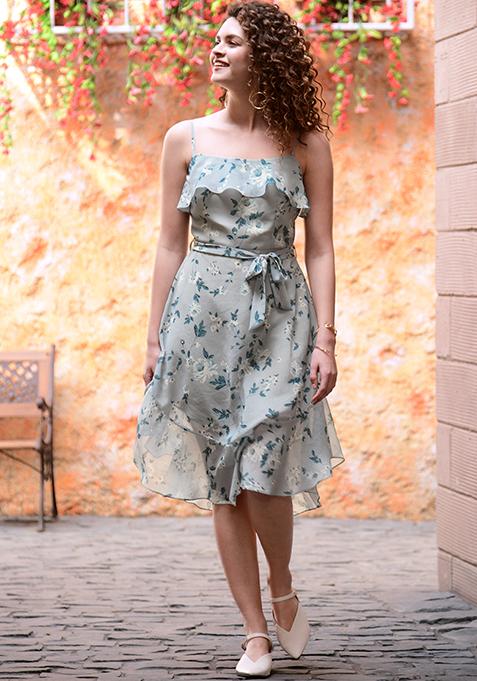 Grey Floral Ruffled Strappy Midi Dress 