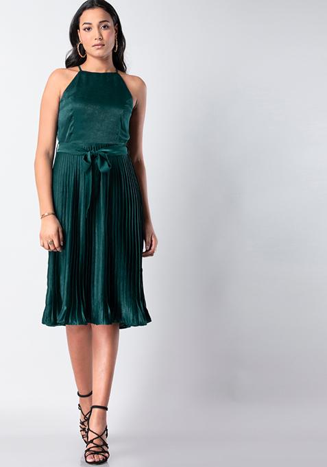 Green Halter Pleated Satin Dress 