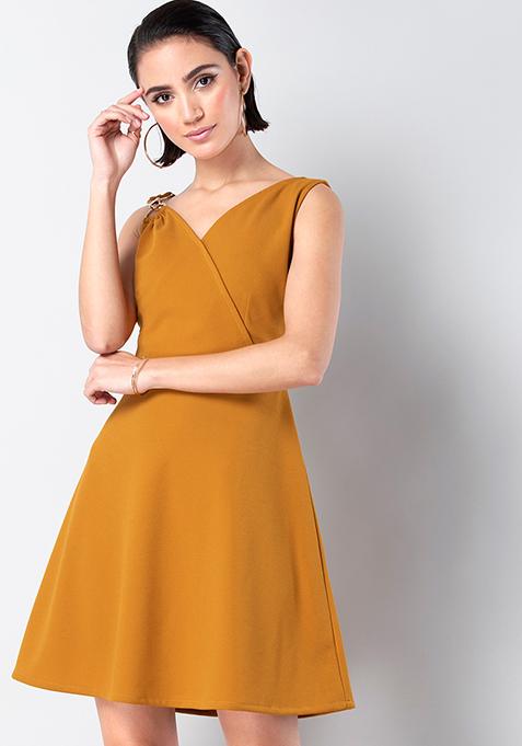 Mustard Clasp Shoulder Skater Dress 