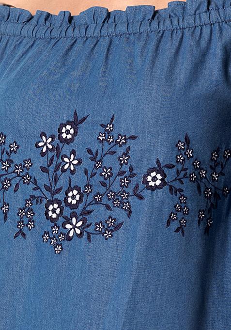 Buy Women Blue Denim Embroidered Bardot Dress - Date Night Dress Online ...