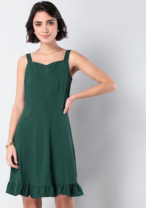 Bottle Green Strappy Jersey Skater Dress