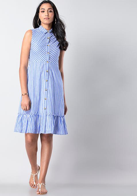 Buy Women Blue Striped Button Down Midi Dress - Date Night Dress Online ...