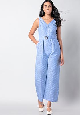 Blue Polka Belted Chambray Jumpsuit 