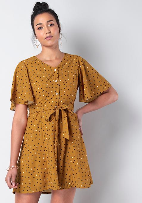 Mustard Dotted Flared Sleeve Buttoned Dress