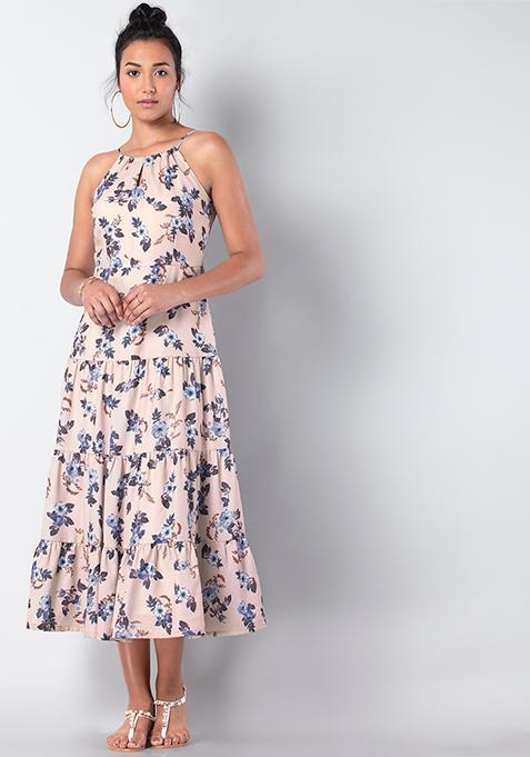 Beige Floral Tiered Maxi Dress 