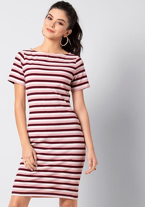 BASICS Wine Striped Bodycon Dress 