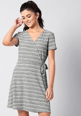 BASICS Grey Striped Knotted Skater Dress 