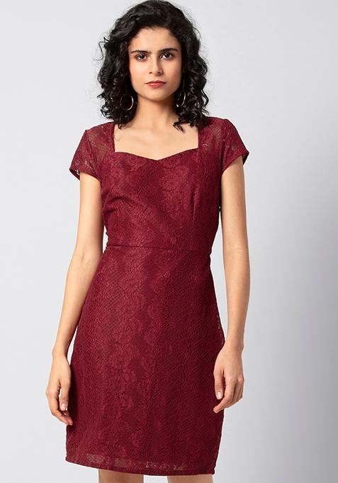 Deep Maroon Cap Sleeve Lace Dress