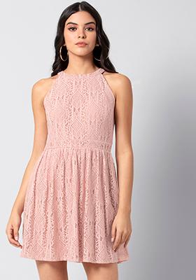 Blush Pink Lace Halter Dress 