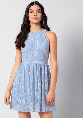 Light Blue Lace Halter Dress 