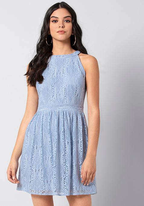 Buy Women Light Blue Lace Halter Dress - Date Night Dress Online India