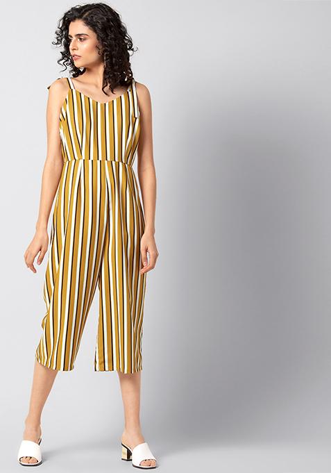 Mustard Striped Tie Shoulder Jumpsuit 