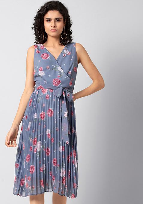 Blue Floral Belted Skater Wrap Dress 