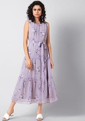 Lilac Floral Belted Maxi Dress