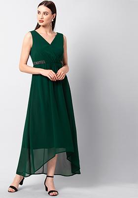 Green Embellished Ruched Maxi Dress