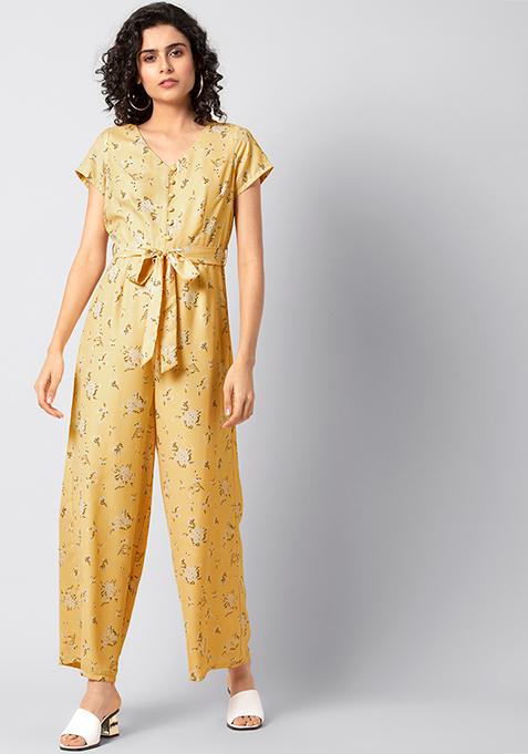 Yellow Ditsy Floral Belted Jumpsuit