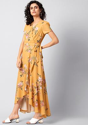 Mustard Floral Side Tie Wrap Maxi Dress 