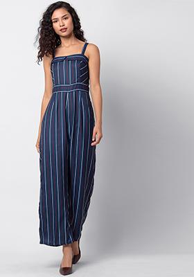 Navy White Striped Strappy Jumpsuit 