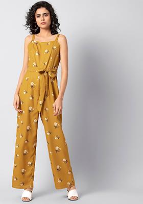 Mustard Floral Belted Strappy Jumpsuit
