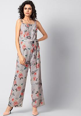 Grey Floral Belted Strappy Jumpsuit