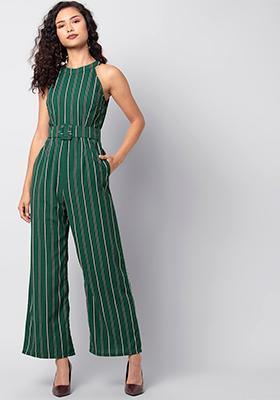 Green Belted Striped Jumpsuit