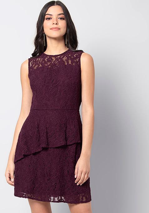 Wine Lace Tiered Mini Dress