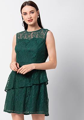 Bottle Green Lace Tiered Mini Dress