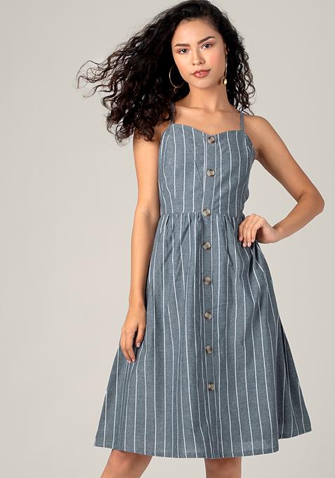 Buy Women Grey Striped Buttoned Midi Dress - Date Night Dress Online ...