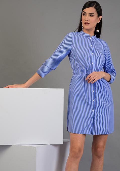 Blue Pin Striped Elasticated Shirt Dress 