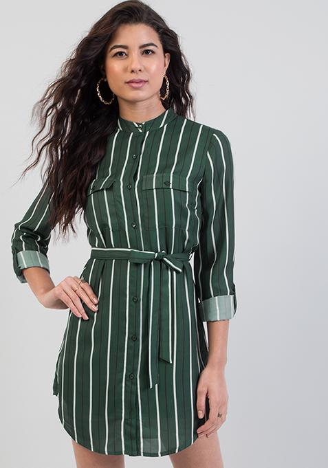 Green Striped Belted Shirt Dress 