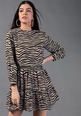 Zebra Print Tiered Dress with Black Belt 