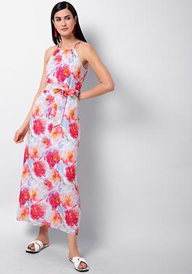 White Pink Floral Strappy Maxi Dress 