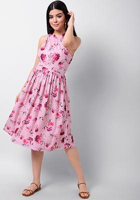 Blush Floral Front Wrap Halter Midi Dress
