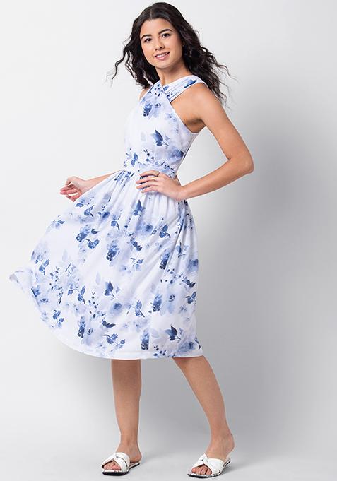 White Blue Floral Front Wrap Halter Midi Dress
