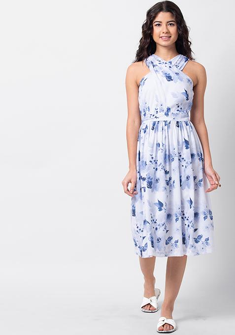 Buy Women White Blue Floral Front Wrap Halter Midi Dress - Halter Dress Online India - FabAlley