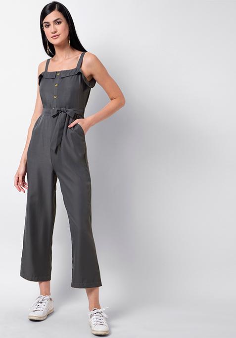 Grey Solid Strappy Belted Jumpsuit 