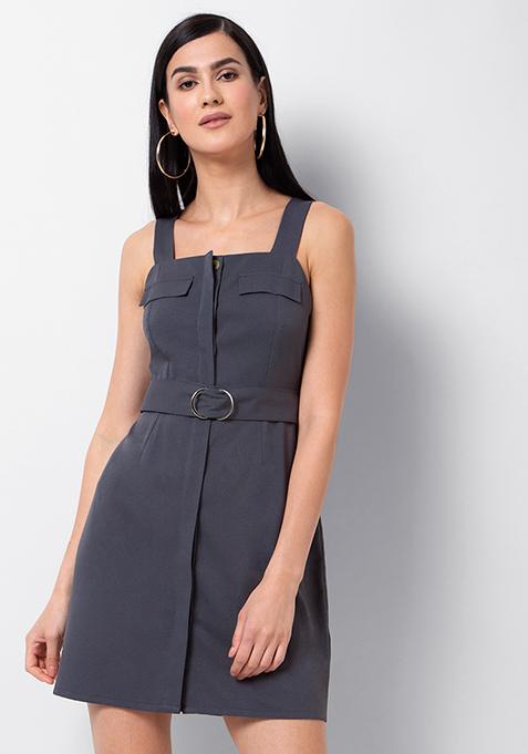 Grey Solid Strappy Belted Shift Dress 