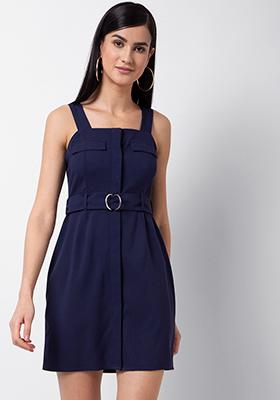 Navy Solid Strappy Belted Shift Dress 
