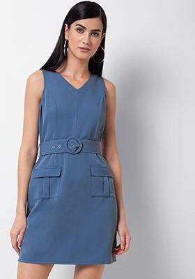 Blue Flap Pocket Belted Shift Dress 