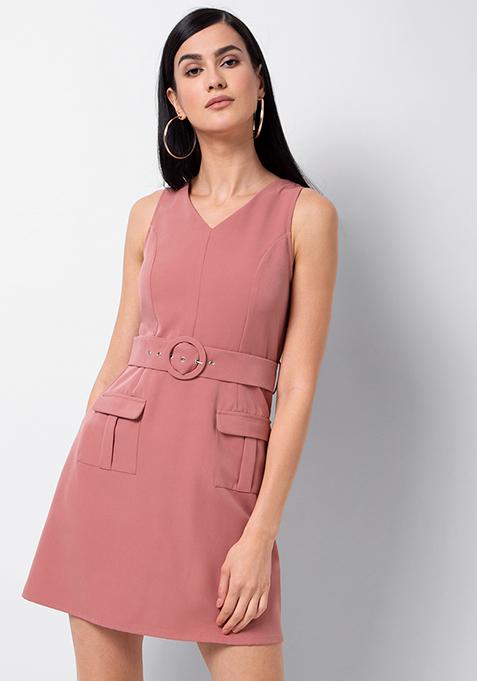 Dusty Pink Flap Pocket Belted Shift Dress 