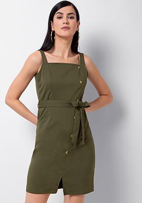 Olive Buttoned Strappy Shift Dress with Fabric Belt 