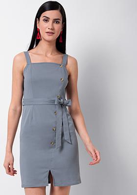 Grey Buttoned Strappy Shift Dress with Fabric Belt 