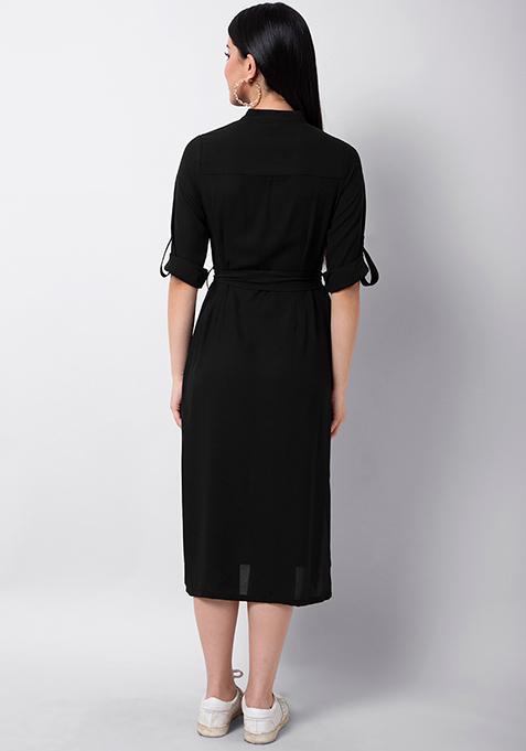 Buy Women Black Solid Belted Midi Shirt Dress - Trends Online India ...